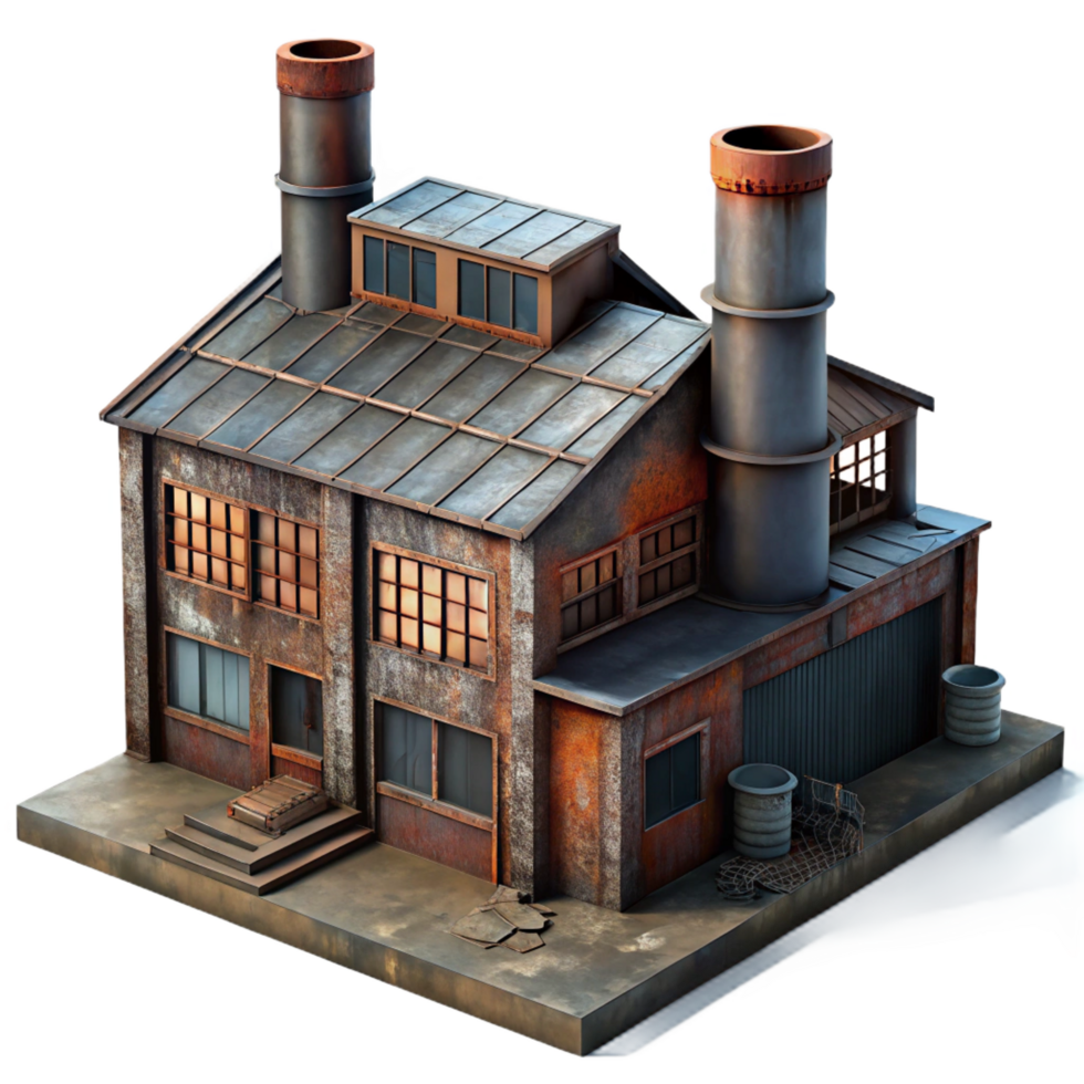 bold dazzling An abandoned industrial factory, rusty metal, broken windows, eerie atmosphere, dimly lit, photorealistic, impeccable png