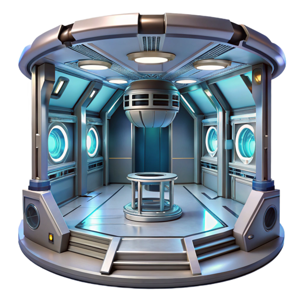 nostalgic splendid Space station interior, sleek metallic surfaces, artificial light, futuristic, sci fi style expertly shot png