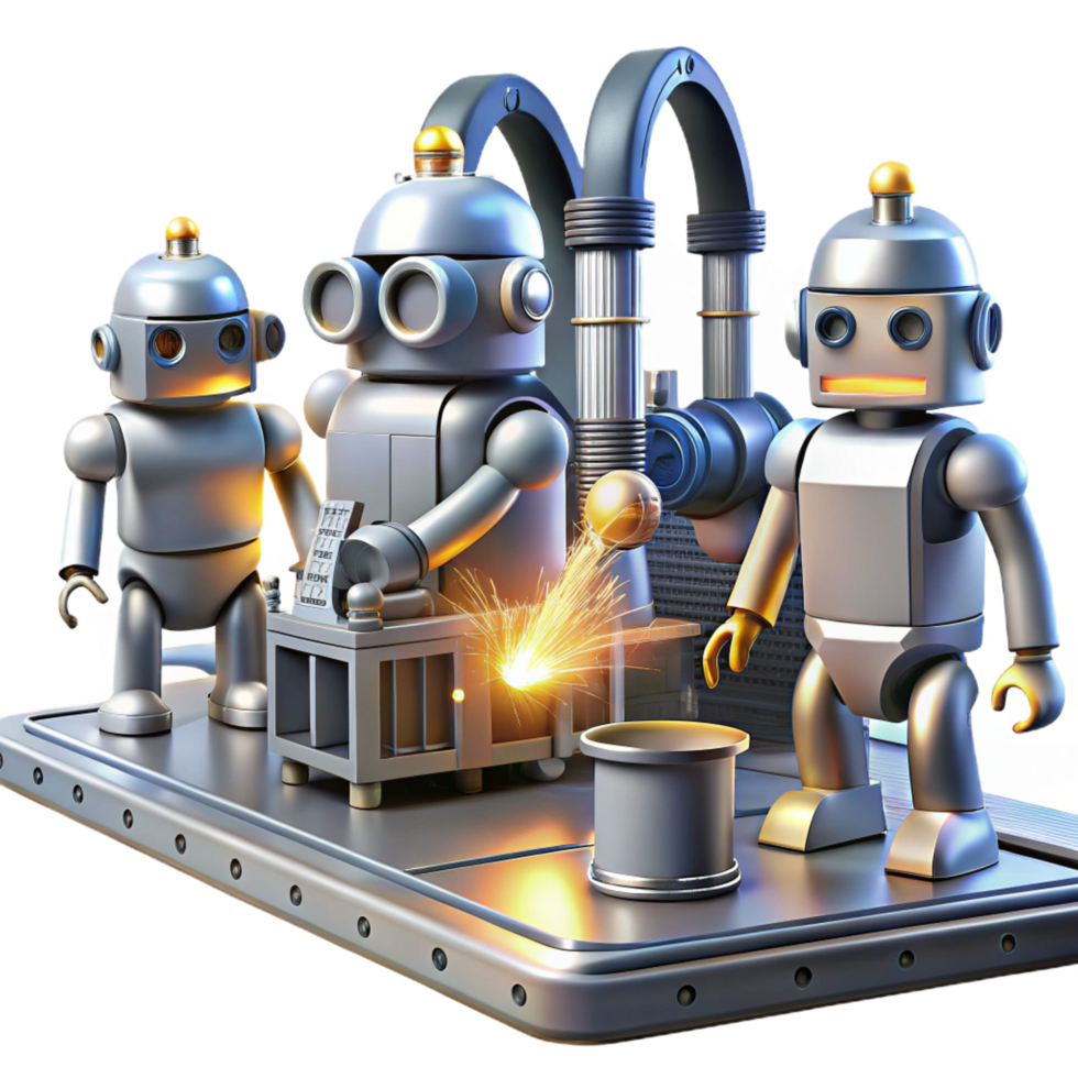 fascinating dramatic impressionist A group of robots working in a futuristic factory, sparks flying, bathed in the industrial light. Industrial design style, metallic textures professional png