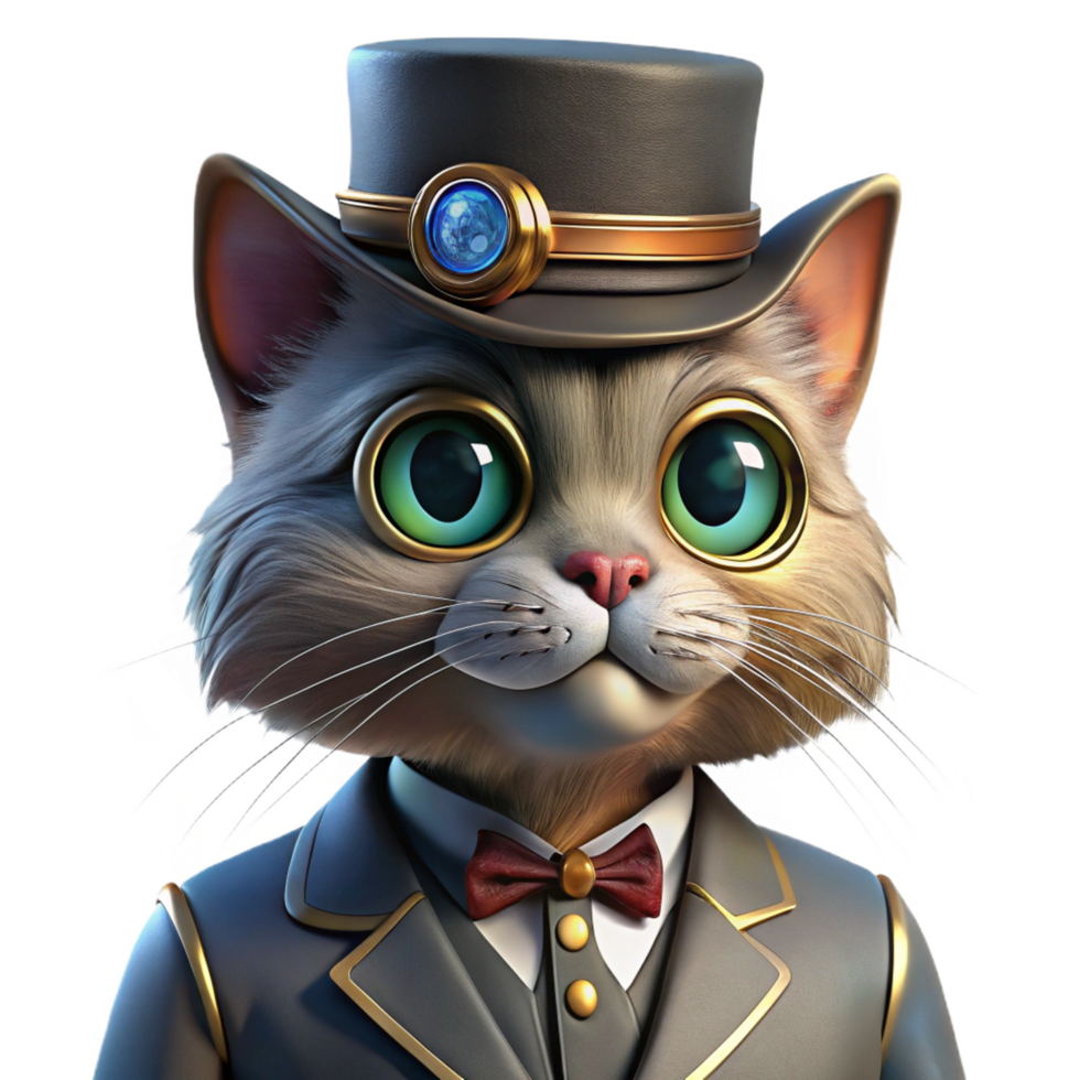 beautiful sought after A portrait of a steampunk cat wearing a monocle and top hat, warm, Rembrandt lighting, realistic style png
