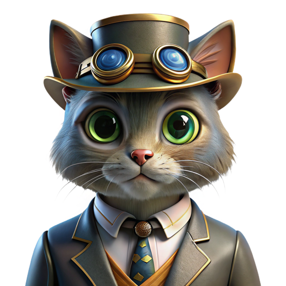 dynamic pristine A portrait of a steampunk cat wearing a monocle and top hat, warm, Rembrandt lighting, realistic style top tier png