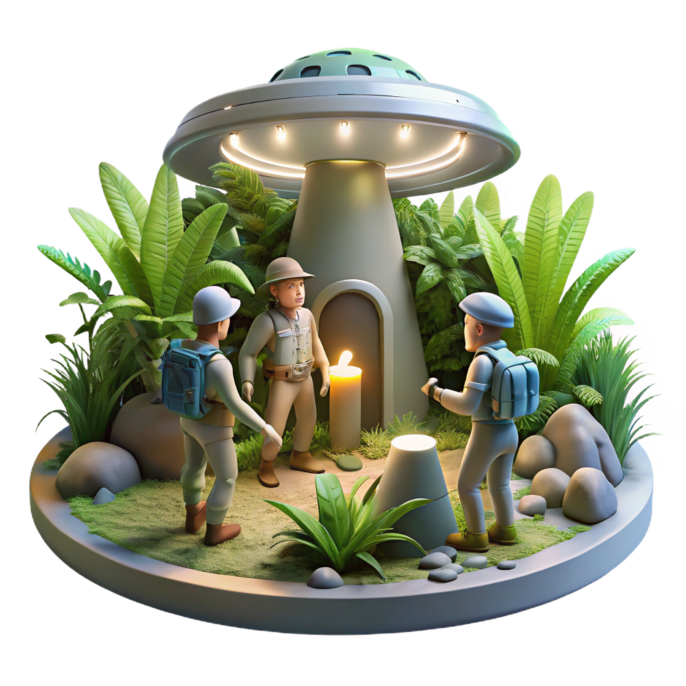 quintessential surreal A group of explorers discovering a hidden alien temple, overgrown with vegetation, illuminated by shafts of sunlight. Exploration art style, lush vegetation refined png