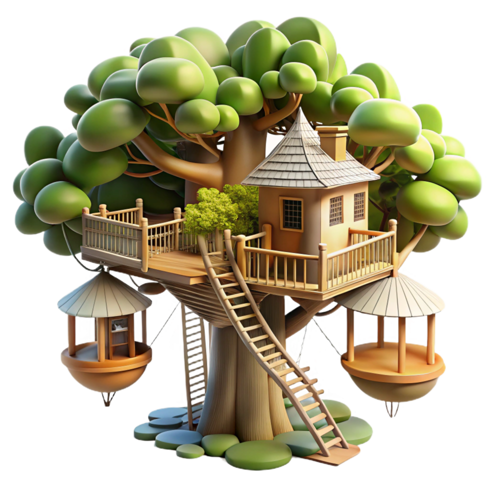wonderful contemporary Treehouse village connected by rope bridges, dappled sunlight filtering through leaves, whimsical style, 8K png