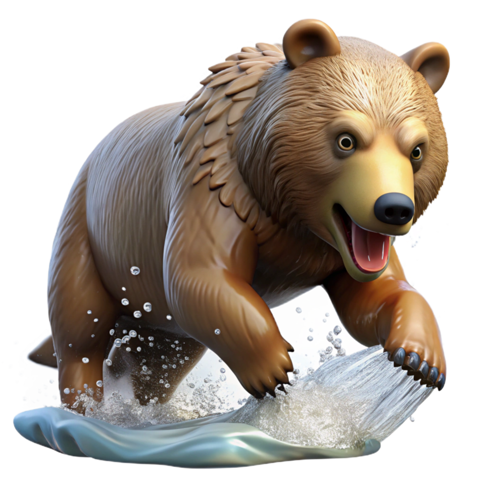 vibrant intense rustic A grizzly bear catching a salmon in a rushing river, dynamic action shot with water splashes, in a realistic style detailed png