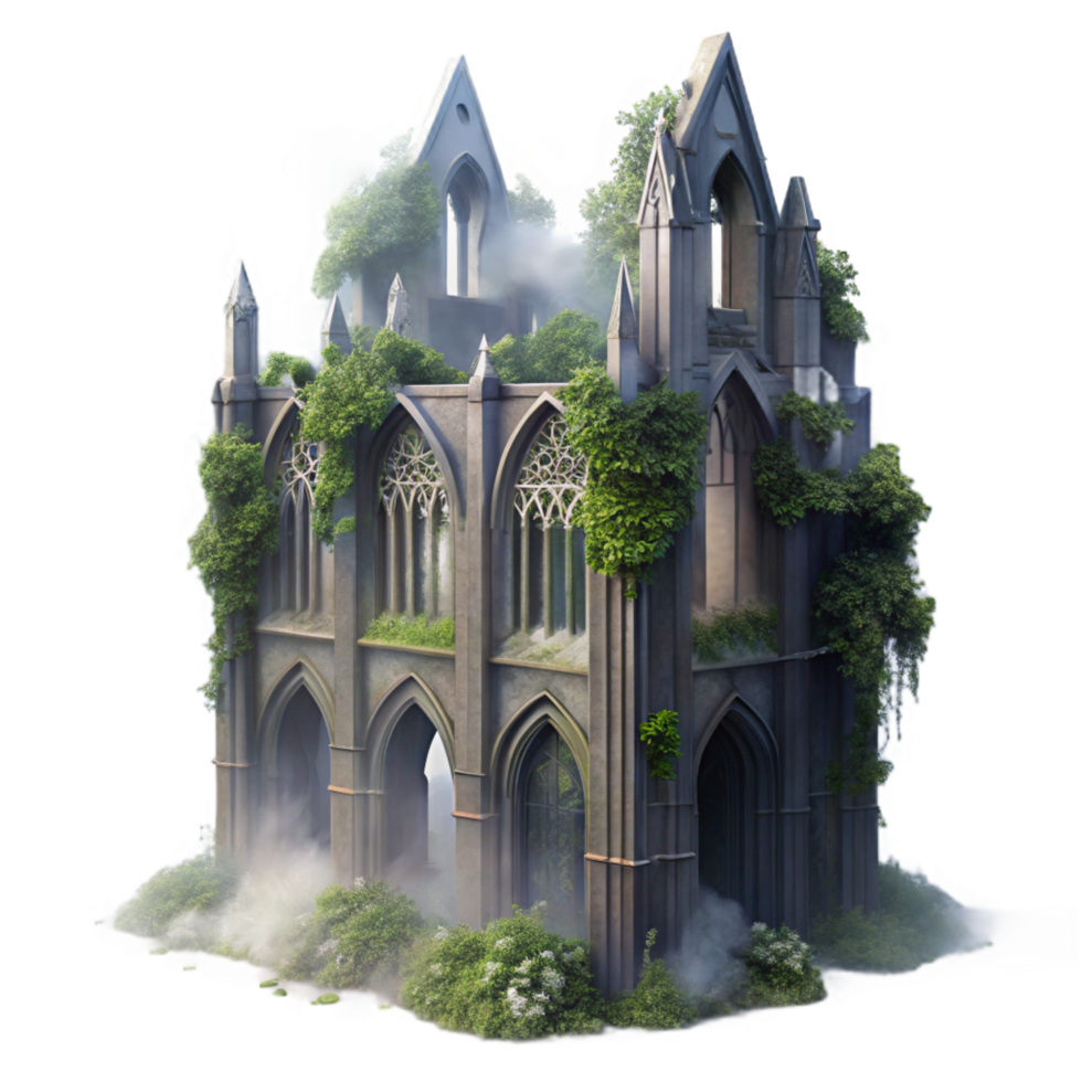 acclaimed art deco A crumbling Gothic cathedral overgrown with ivy, moonlight, volumetric fog, ethereal, painterly style high quality png