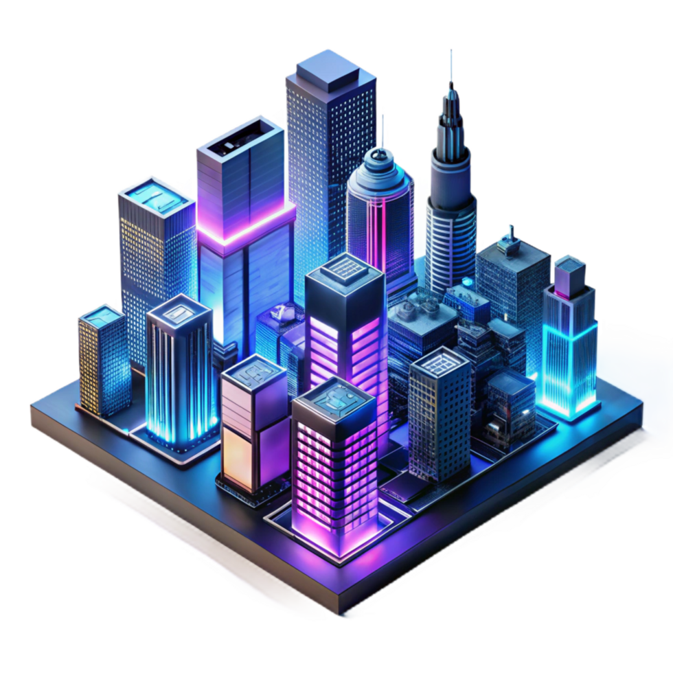 stunning surreal Futuristic cityscape at night, neon lights reflecting on sleek buildings, cyberpunk style, cinematic lighting, original png