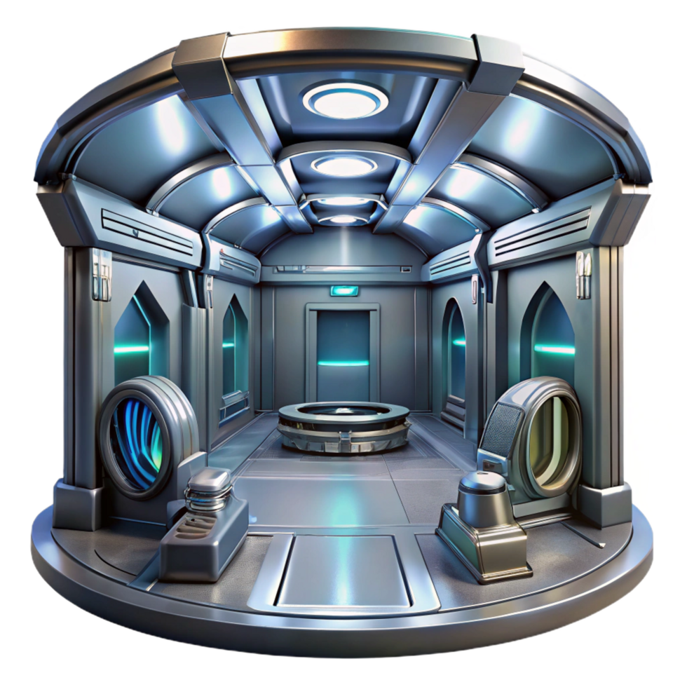 dazzling tranquil creative Space station interior, sleek metallic surfaces, artificial light, futuristic, sci fi style authentic png