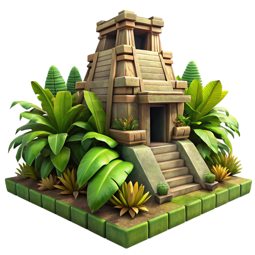 majestic iconic An ancient Mayan temple, overgrown with jungle foliage, dappled sunlight, hyperrealistic, 8k, png