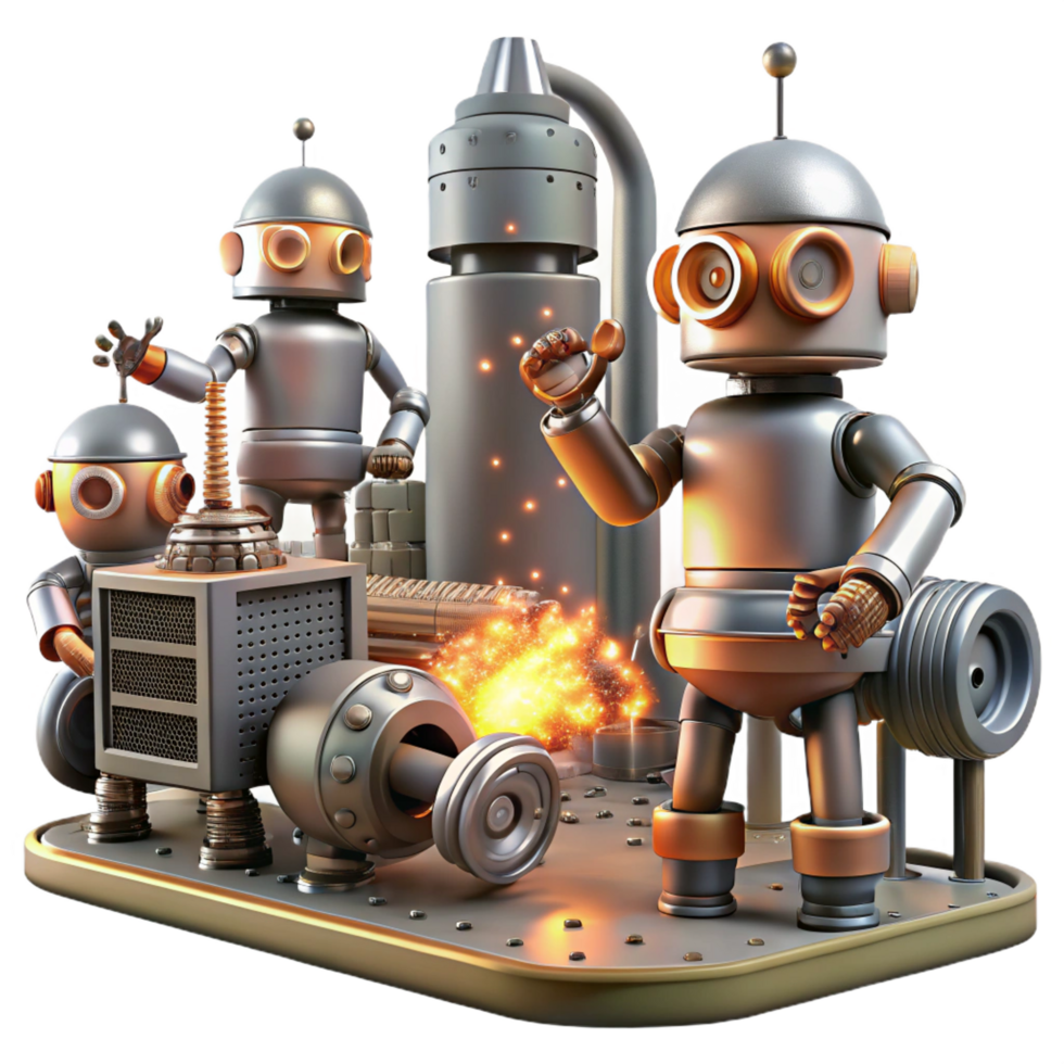 vibrant joyful nordic A group of robots working in a futuristic factory, sparks flying, industrial and gritty, steampunk style refined png