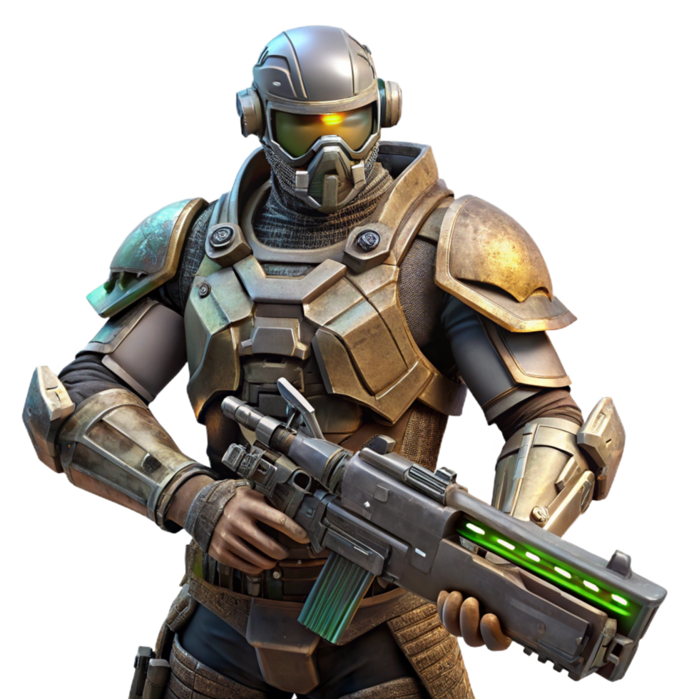inspired tropical A futuristic soldier in power armor, holding a plasma rifle, battlefield debris scattered around, dramatic and gritty, dark fantasy style refined png