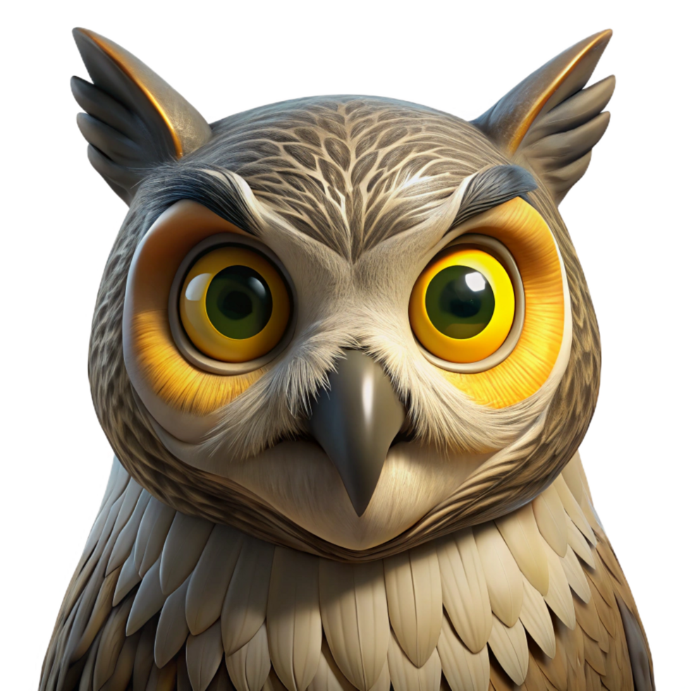 breathtaking energetic rustic Portrait of a wise old owl with piercing yellow eyes, detailed feather textures, and a serious expression. Warm, natural lighting. Realistic animal portrait style 8K png