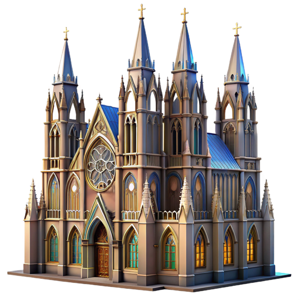 dazzling whimsical futuristic A towering Gothic cathedral, intricate stained glass windows, dramatic lighting, highly detailed, photorealistic, museum quality png