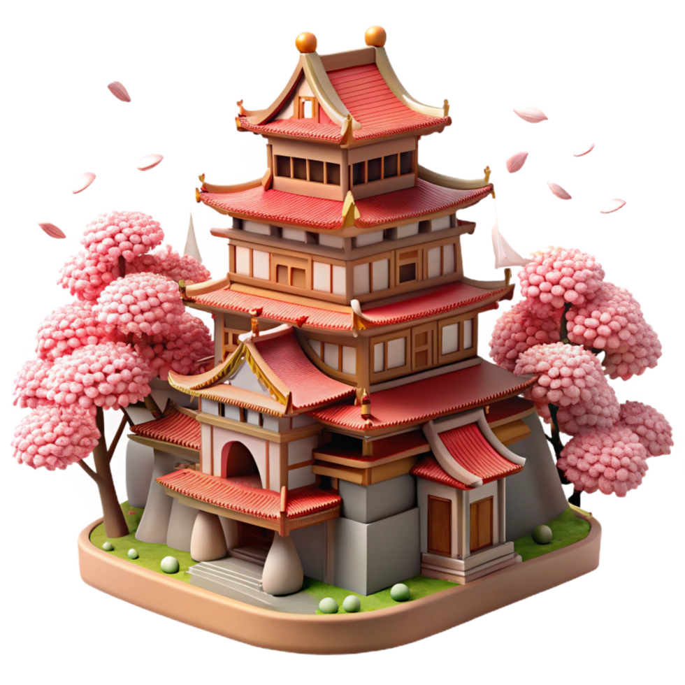 mesmerizing mid century Traditional Japanese castle, intricate wooden details, cherry blossoms in bloom, soft spring light, traditional Japanese style professional png