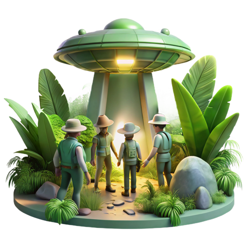 harmonious alluring A group of explorers discovering a hidden alien temple, overgrown with vegetation, illuminated by shafts of sunlight. Exploration art style, lush vegetation 8K png