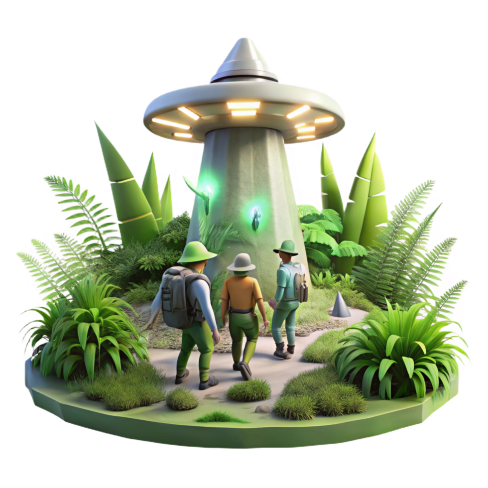 mesmerizing peaceful nordic A group of explorers discovering a hidden alien temple, overgrown with vegetation, illuminated by shafts of sunlight. Exploration art style, lush vegetation refined png