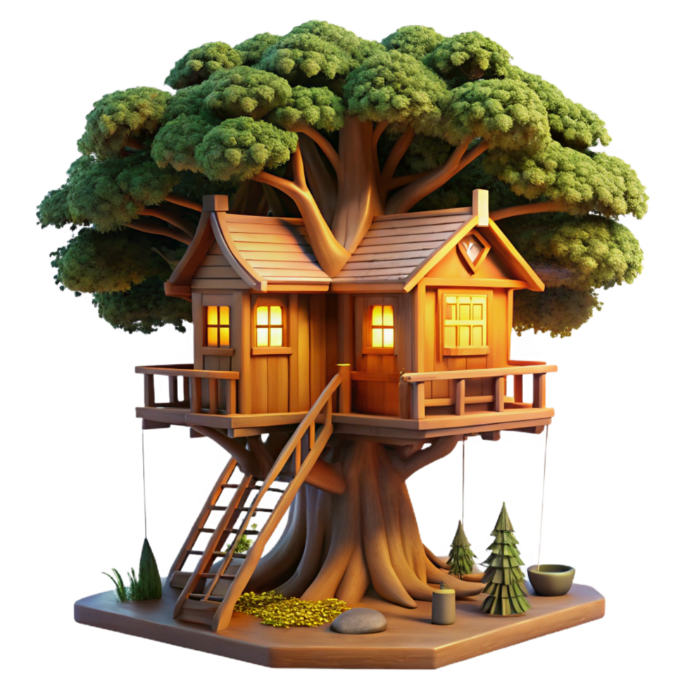 nostalgic captivating Treehouse built into giant sequoia, warm evening light, rustic style, digital art, fine detail png