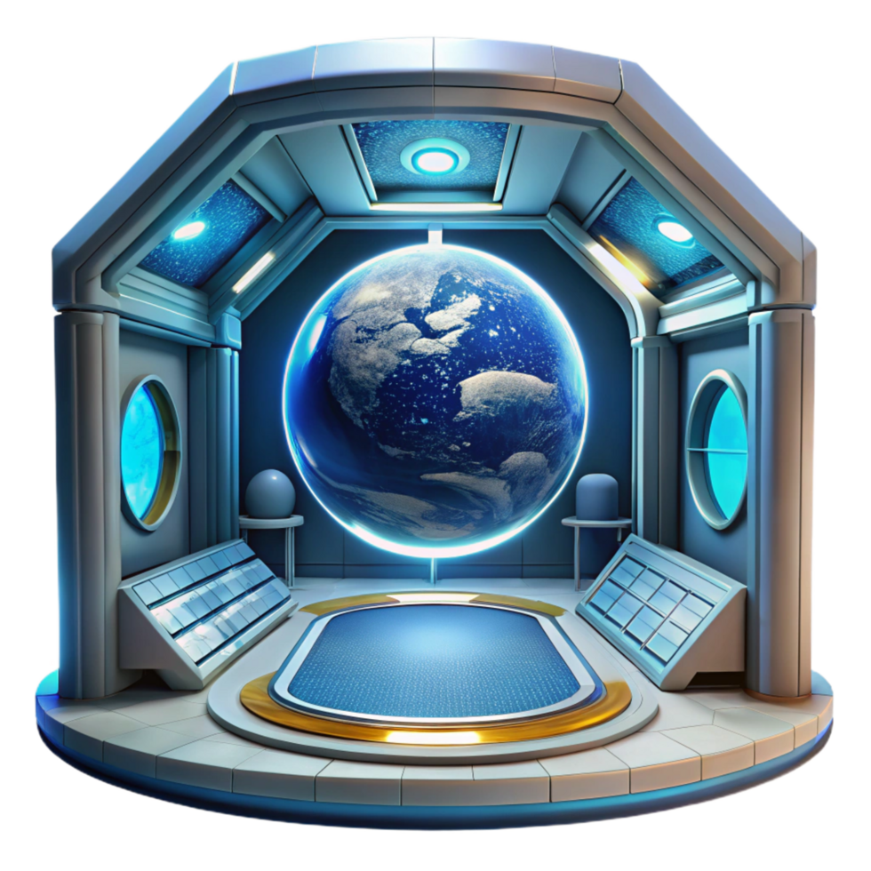 dramatic iconic Space station interior with views of Earth, artificial light, sci fi style, cinematic, png