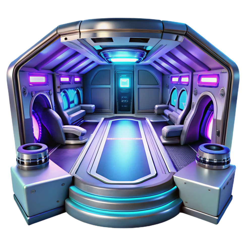 hypnotic artistic Futuristic spaceship interior, sleek metallic surfaces, blue and purple lighting, sci fi style handcrafted png
