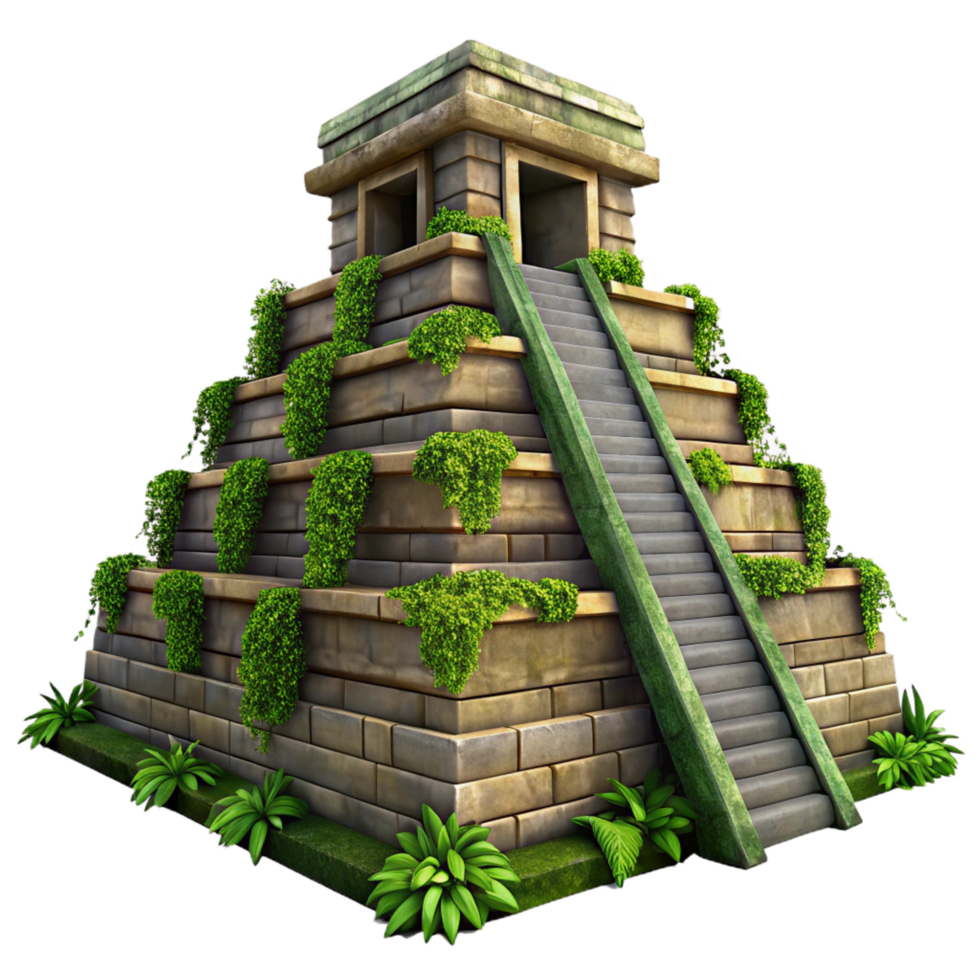 mysterious stunning An ancient Mayan pyramid temple, overgrown with vines, dramatic lighting, hyperrealistic, cinematic angle, artisan png