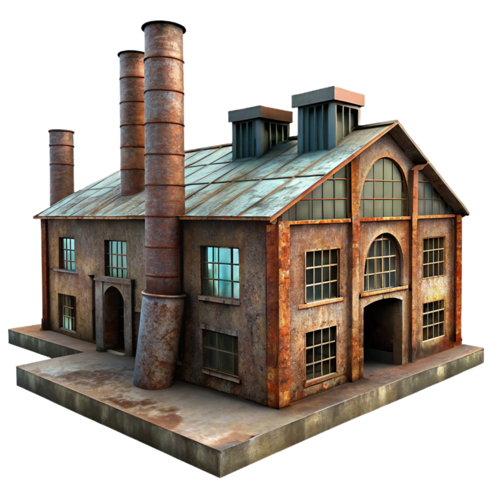 harmonious breathtaking An abandoned industrial factory, rusty metal, broken windows, eerie atmosphere, dimly lit, photorealistic, detailed png