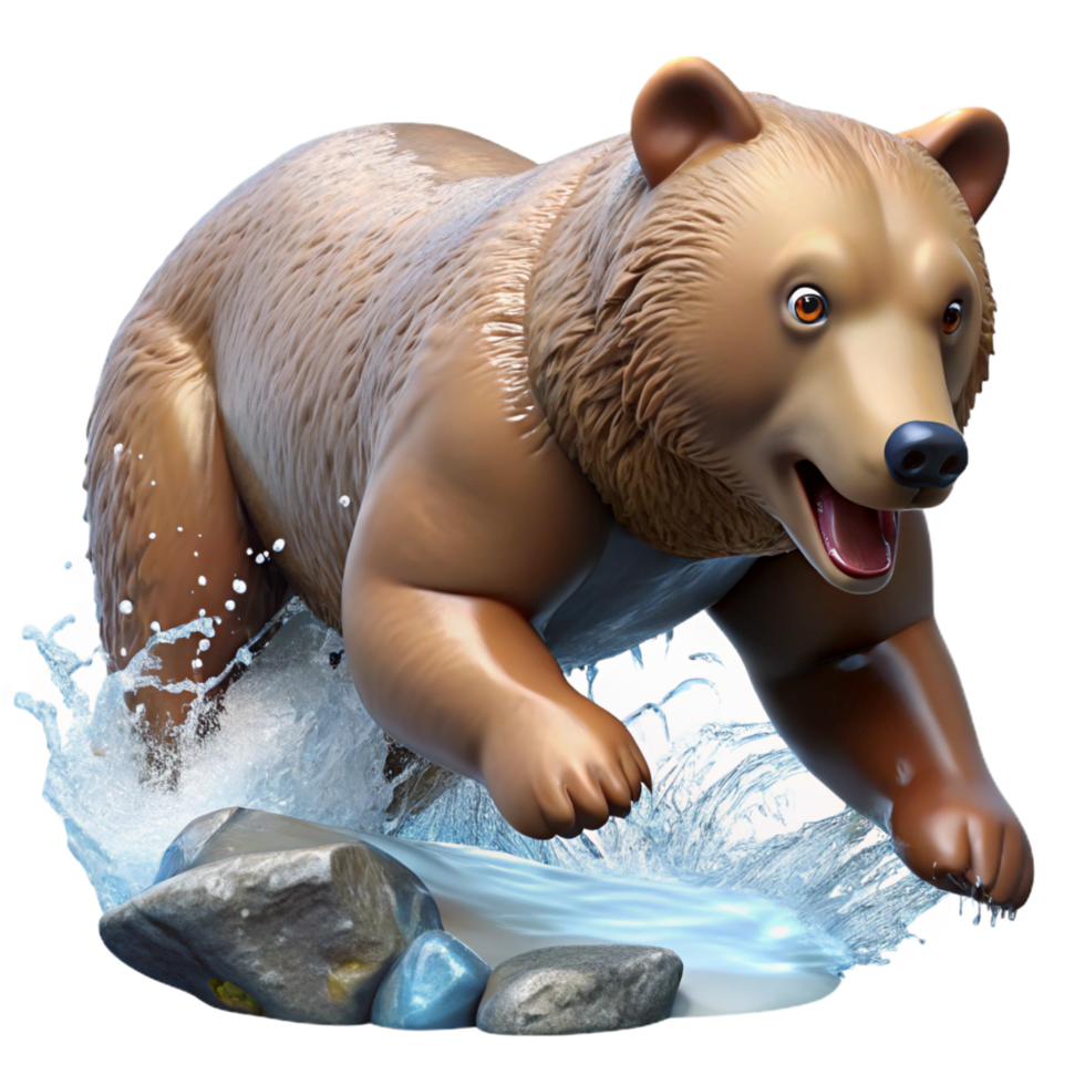 joyful splendid A grizzly bear fishing for salmon in a rushing river, hyperrealistic style, dynamic splashing water, dappled sunlight masterfully captured png