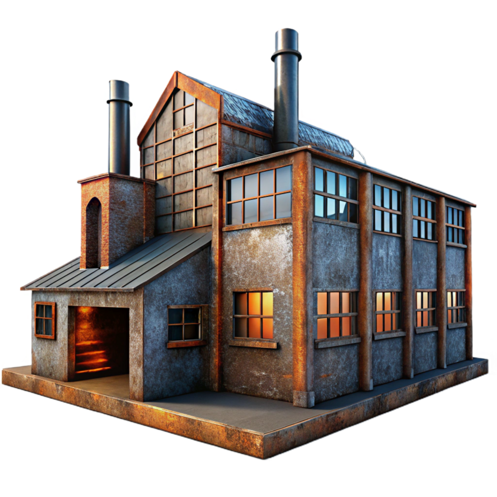 whimsical spectacular An abandoned industrial factory, rusty metal, broken windows, eerie atmosphere, dimly lit, photorealistic, expertly shot png