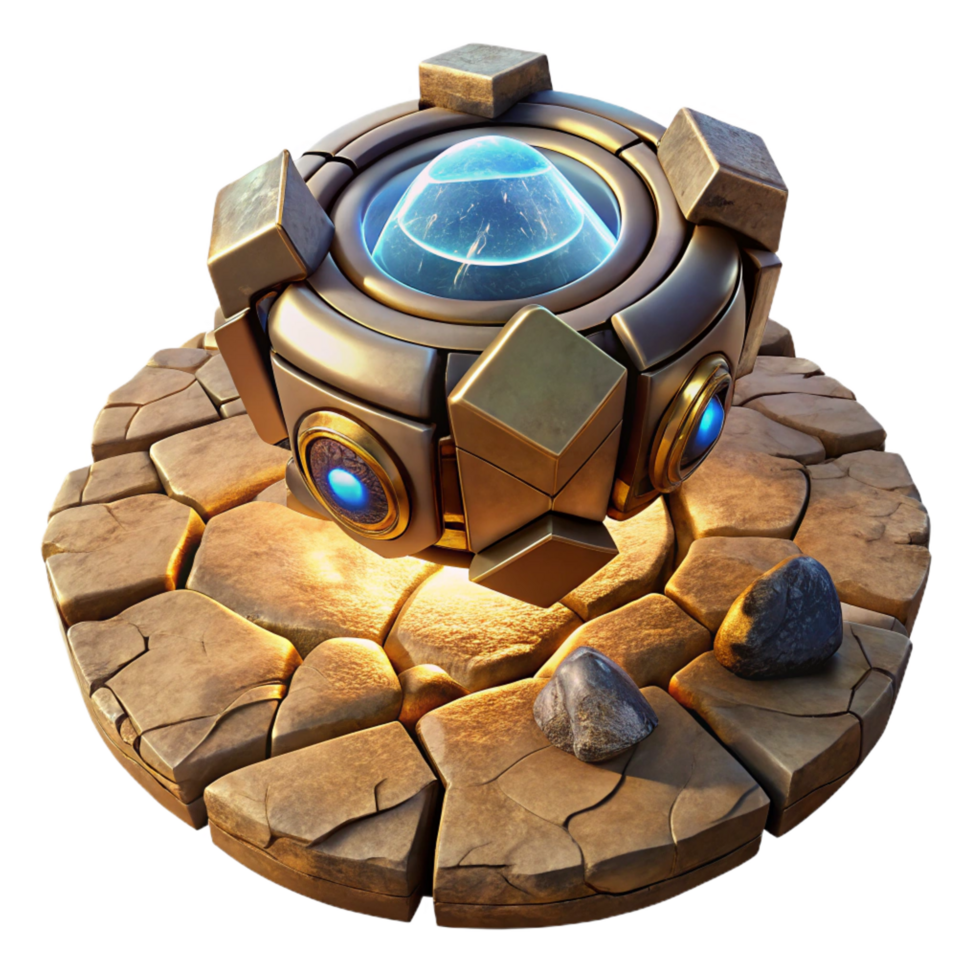 exceptional mid century An ancient alien artifact, covered in glowing runes, levitates above a cracked desert floor. Warm, golden lighting. Fantasy art style ultra HD png