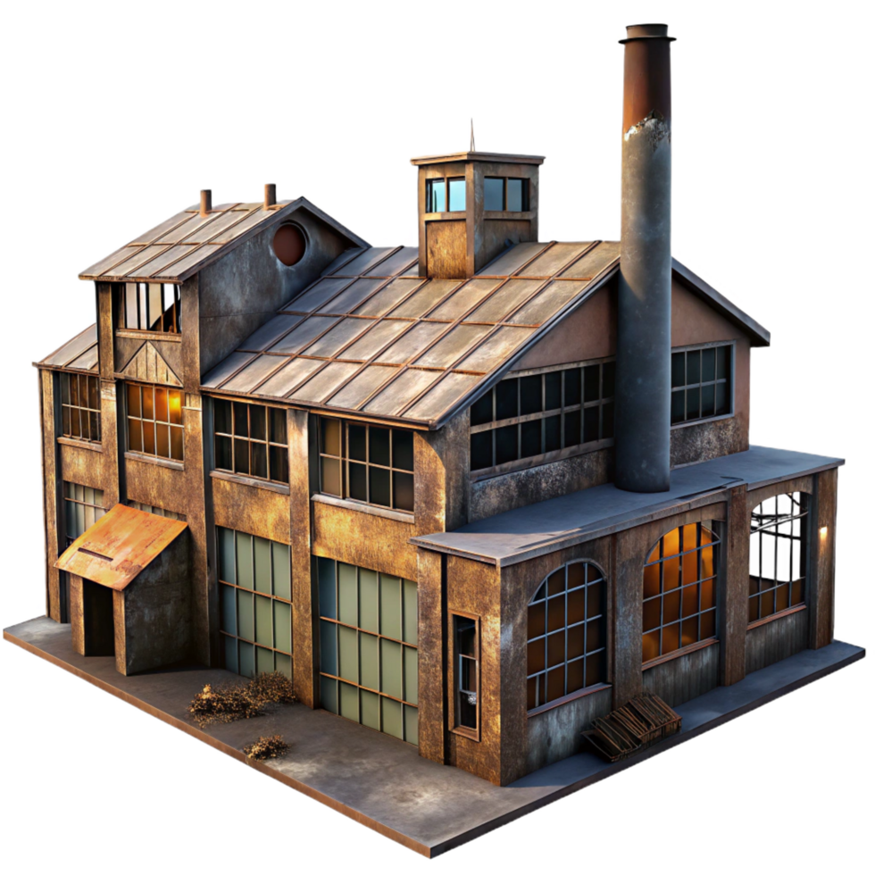 playful glorious An abandoned factory, rusting metal and broken windows, dim light, apocalyptic style, photorealistic, gallery standard png