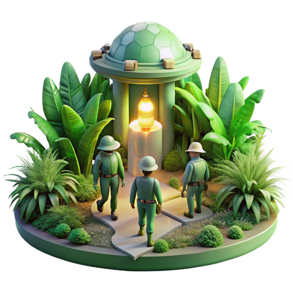 gorgeous victorian A group of explorers discovering a hidden alien temple, overgrown with vegetation, illuminated by shafts of sunlight. Exploration art style, lush vegetation museum quality png