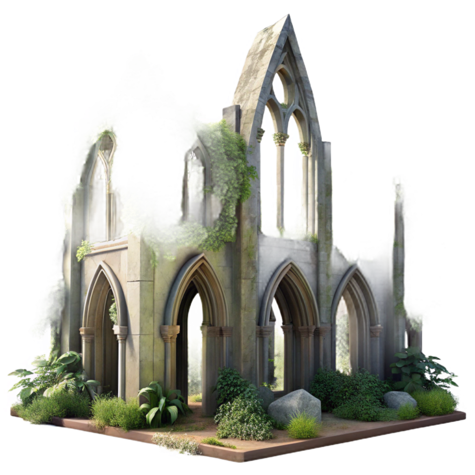 mysterious beautiful A crumbling gothic cathedral overtaken by lush vegetation, dappled sunlight, hyperrealistic, Greg Rutkowski style, gallery standard png