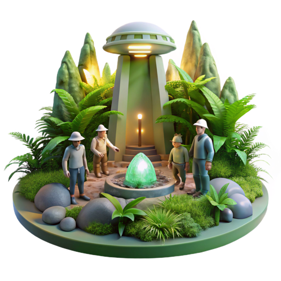 coveted industrial A group of explorers discovering a hidden alien temple, overgrown with vegetation, illuminated by shafts of sunlight. Exploration art style, lush vegetation 8K png