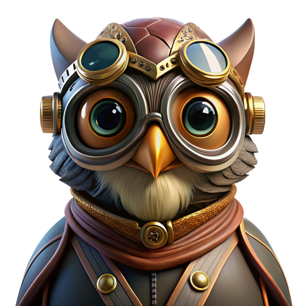 glorious classic A close up portrait of a steampunk owl, goggles and intricate brass mechanisms, dark, moody lighting, hyperrealistic style detailed png