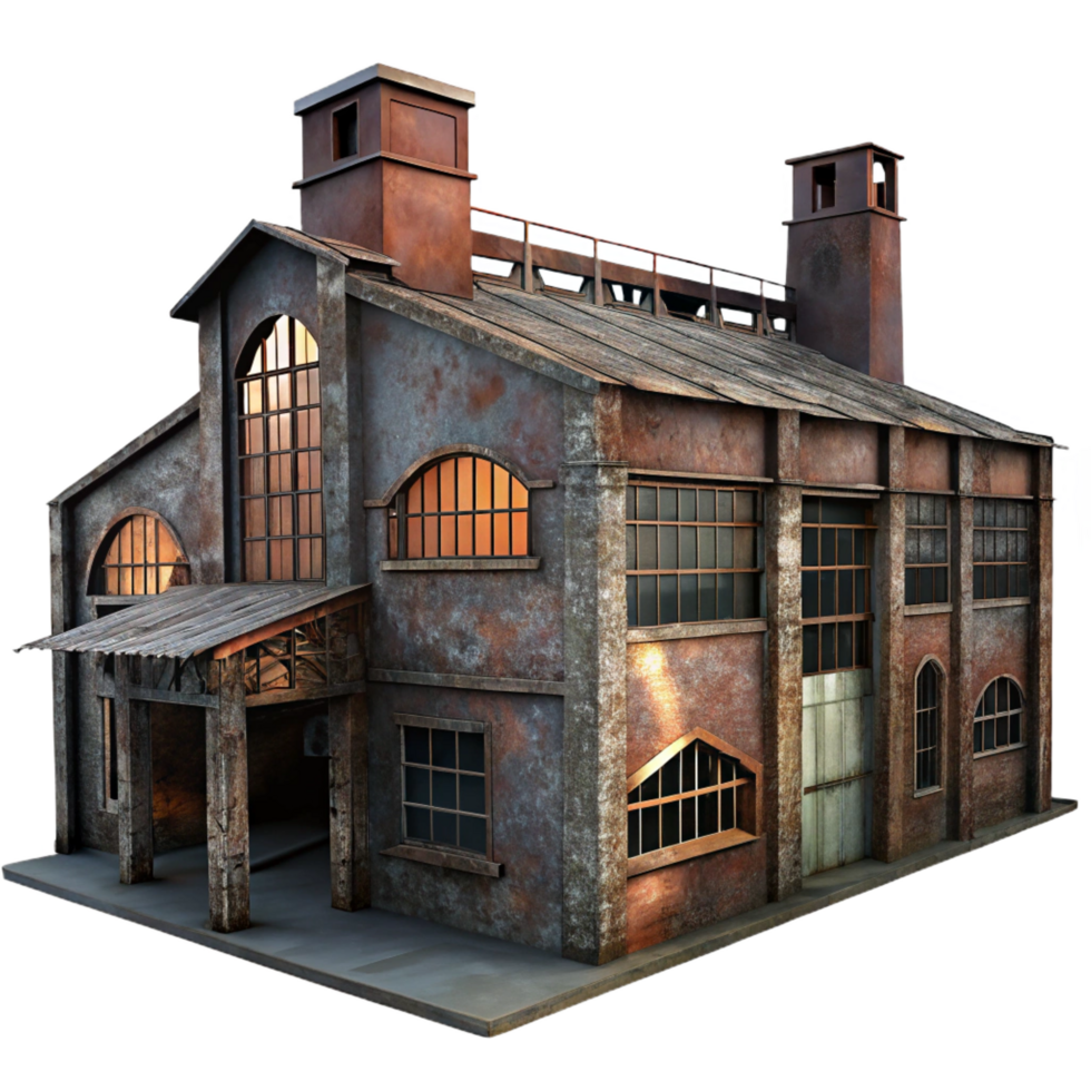 striking standout An abandoned factory, rusting metal and broken windows, dim light, apocalyptic style, photorealistic, png