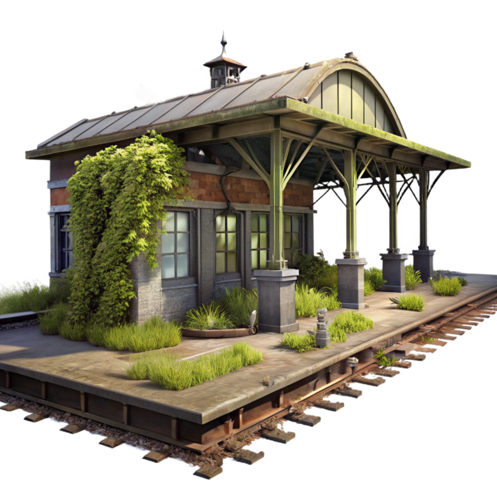 magnificent renaissance An abandoned train station, overgrown with weeds, eerie atmosphere, urban photography style, studio quality png