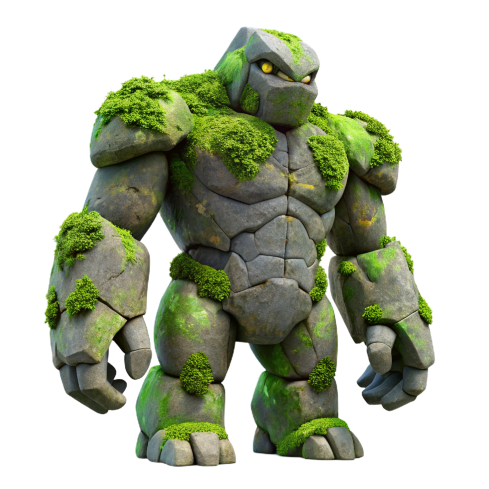 iconic modern A towering stone golem covered in vibrant moss and lichen, overcast lighting, matte painting style genuine png