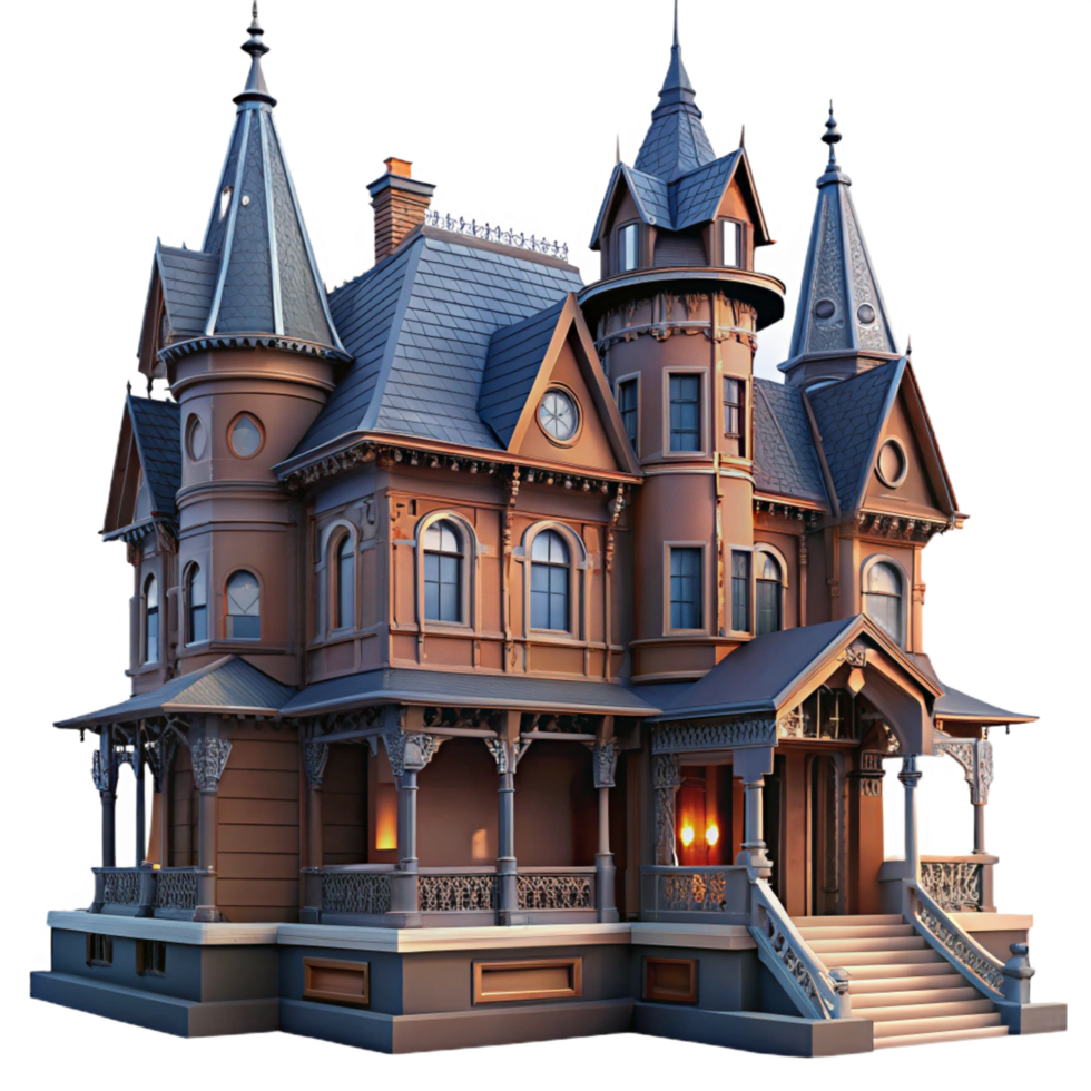 striking distinctive Victorian mansion, brick and wrought iron, intricate details, overcast lighting, gothic horror style png