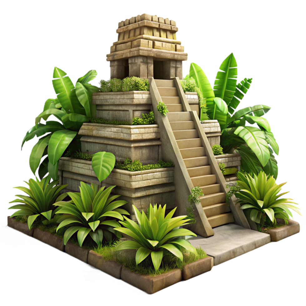 magnificent abstract An ancient Mayan temple, overgrown with jungle foliage, dappled sunlight, hyperrealistic, 8k, crisp png