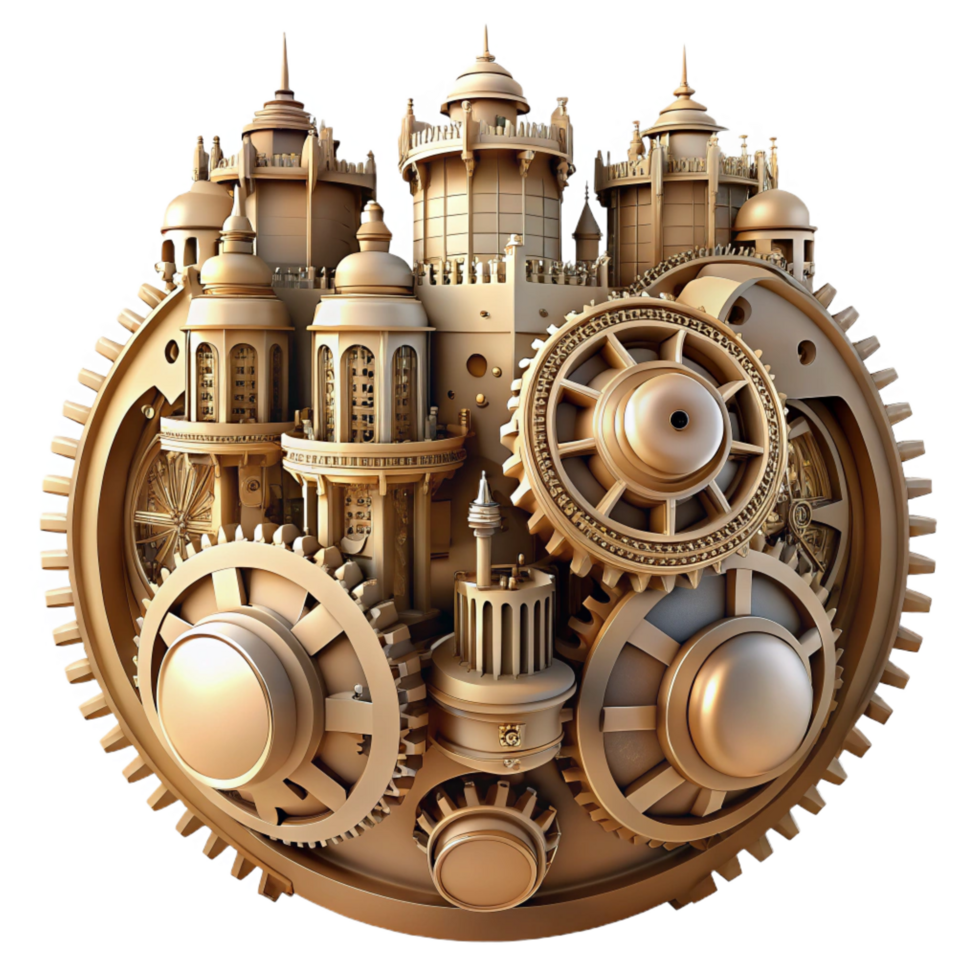vibrant melancholic victorian An intricate clockwork city, gears and cogs visible, steampunk style, sepia tones, sharp png