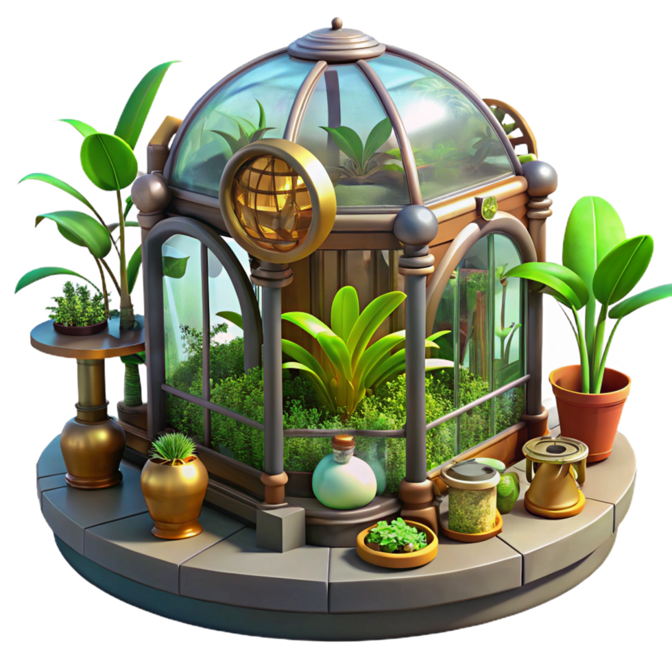 splendid acclaimed A steampunk greenhouse filled with exotic, mechanical plants, vibrant, daylight, fantasy art style png