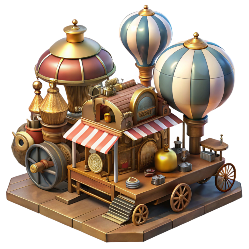 passionate impressive A bustling steampunk marketplace, filled with quirky vendors and bizarre inventions, diffused daylight, vibrant, painterly style high resolution png