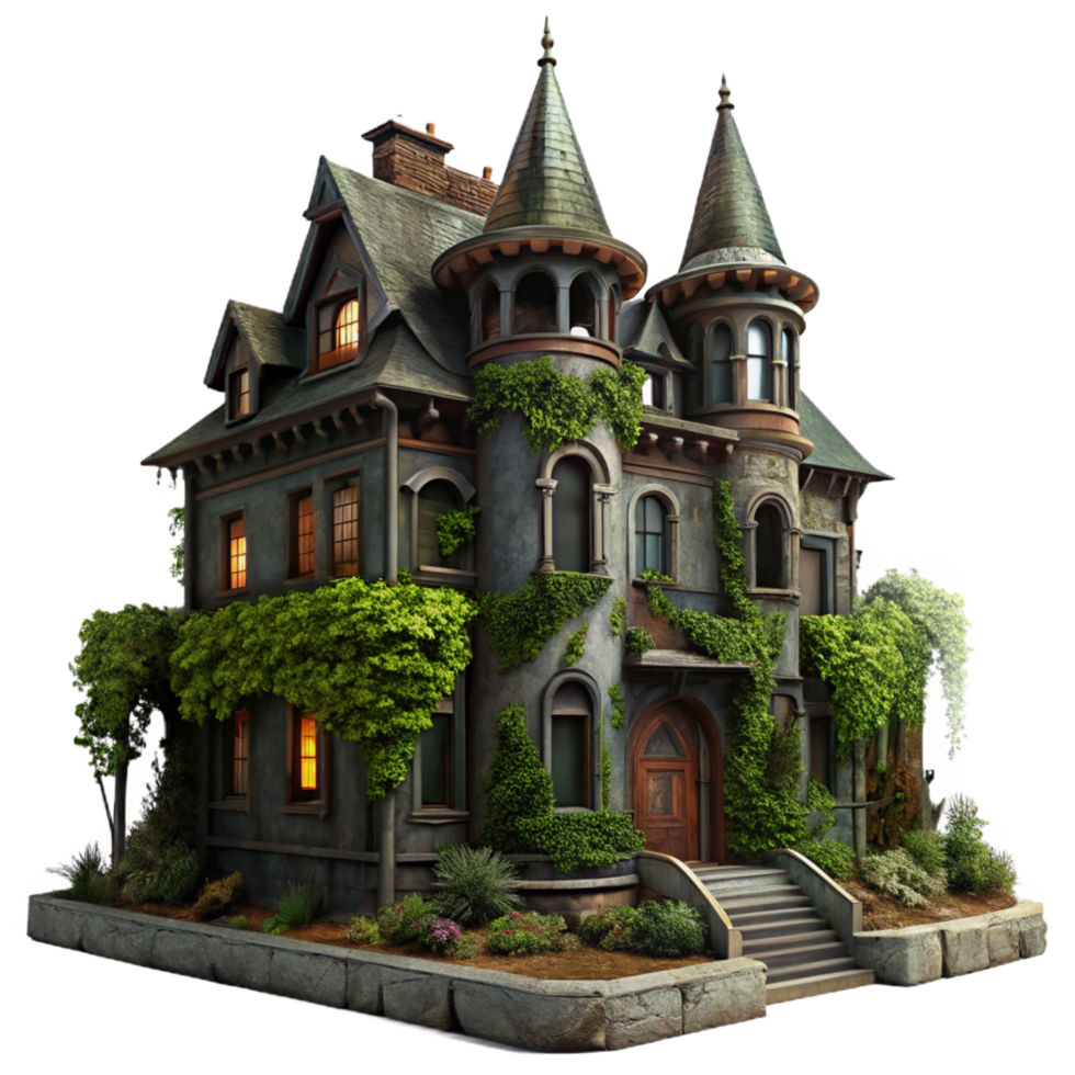 gorgeous retro An abandoned Victorian mansion, overgrown with ivy, dark and moody lighting, gothic horror style, photorealistic, high resolution png