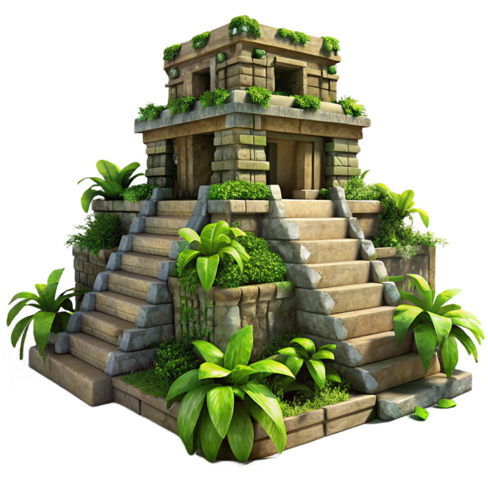 mesmerizing unforgettable A crumbling Mayan temple overgrown with jungle vines, dappled sunlight, hyperrealistic, detailed textures, png