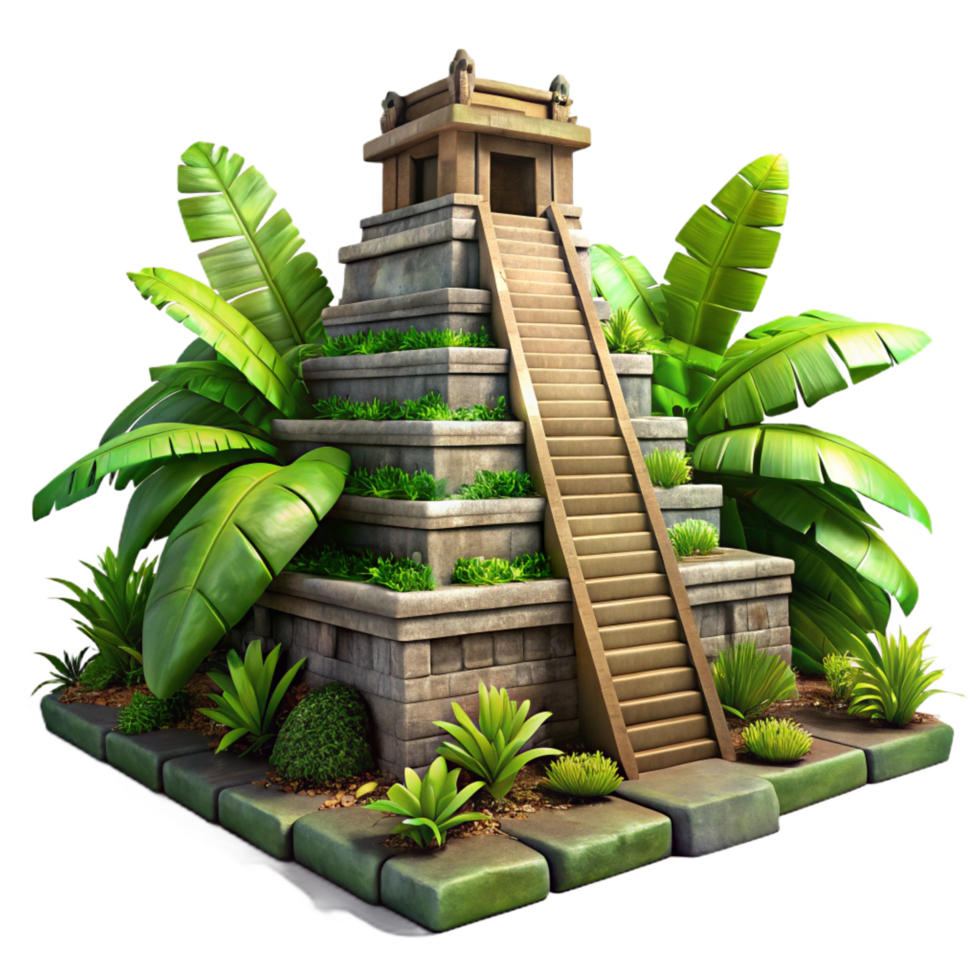 dynamic enchanting An ancient Mayan temple, overgrown with jungle foliage, dappled sunlight, hyperrealistic, 8k, crisp png