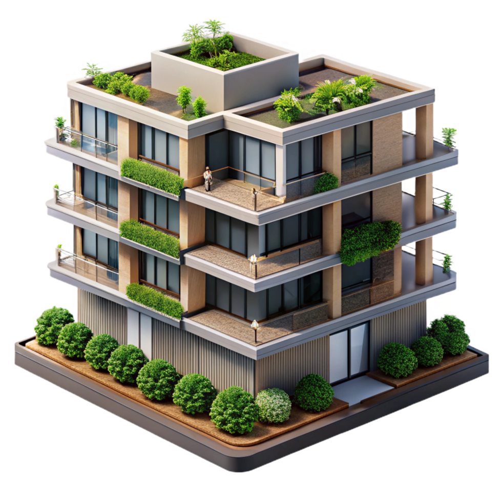 gorgeous creative A modern apartment building, balcony gardens, sustainable architecture, architectural rendering, elite png