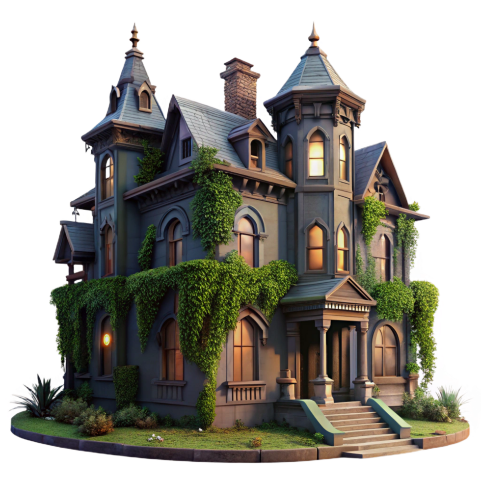 coveted impressionist A dilapidated Victorian mansion, overgrown with ivy, dusk lighting, eerie atmosphere, gothic style, sharp png