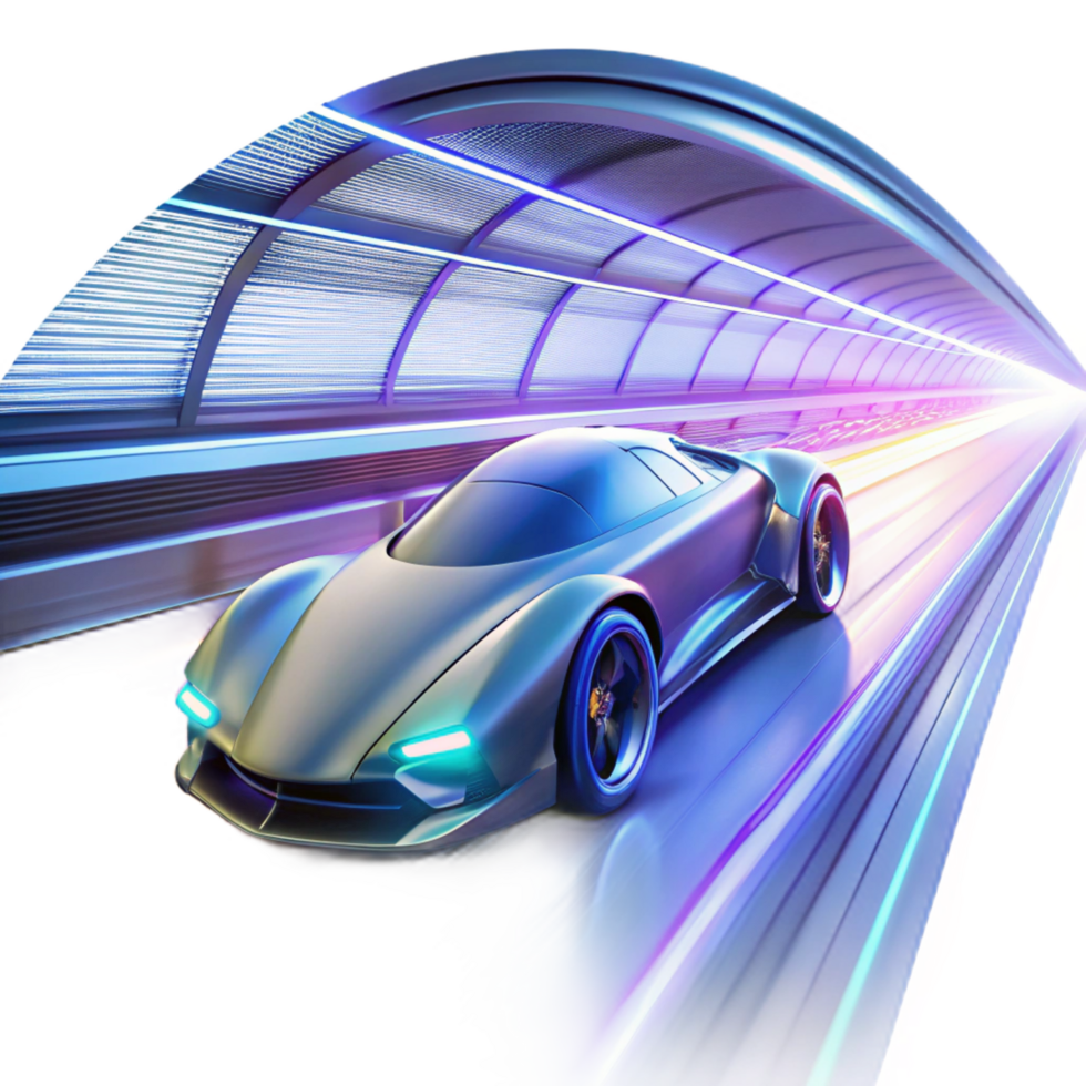 dramatic futuristic A futuristic racing vehicle speeding through a neon lit tunnel, leaving trails of light and energy. Speed painting style, motion blur precision png
