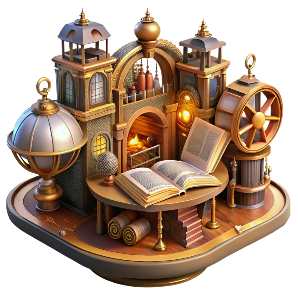 rare gothic A grand steampunk library filled with floating books and intricate mechanical contraptions, warm, ambient lighting, fantasy art style original png