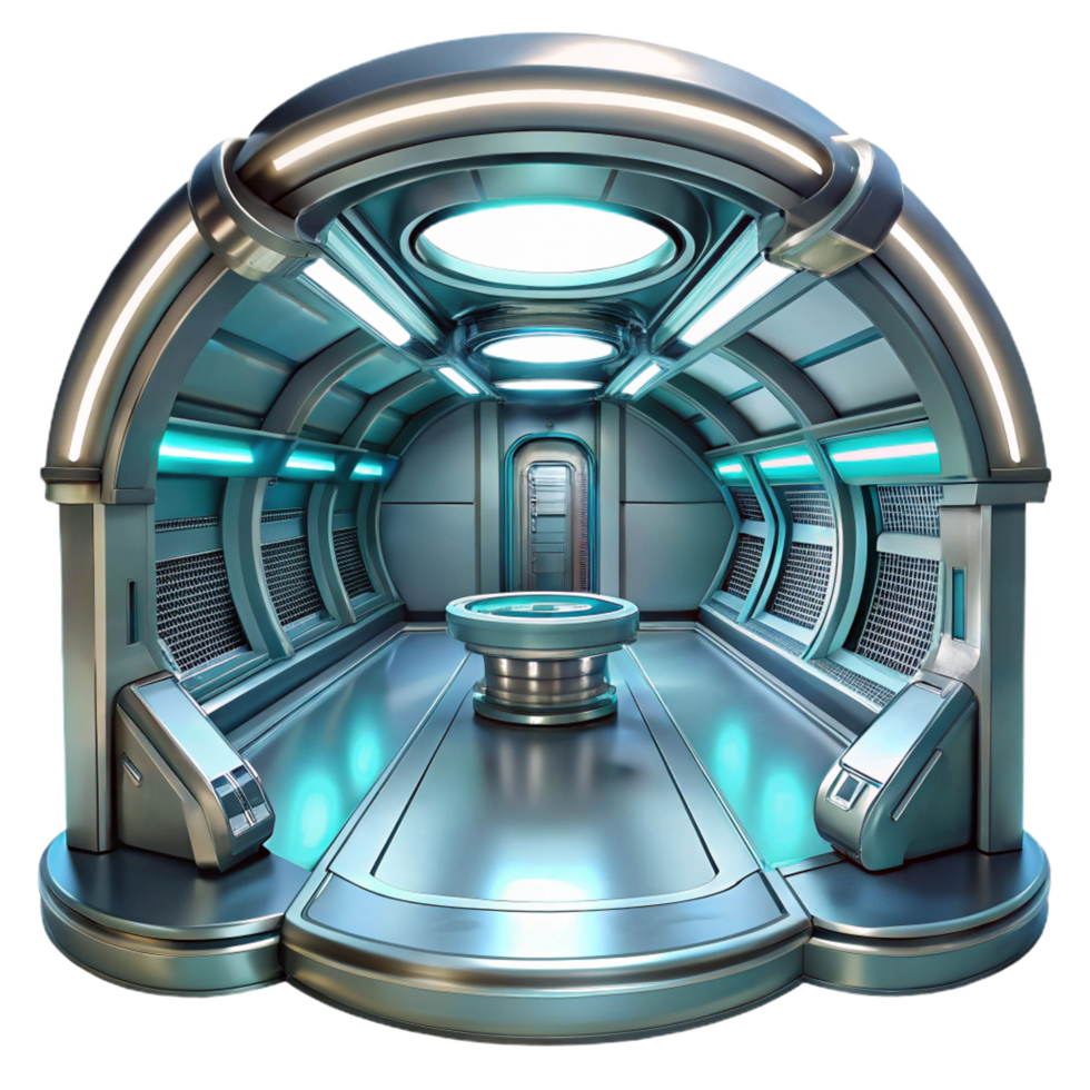 dramatic enchanting Space station interior, sleek metallic surfaces, artificial light, futuristic, sci fi style museum quality png