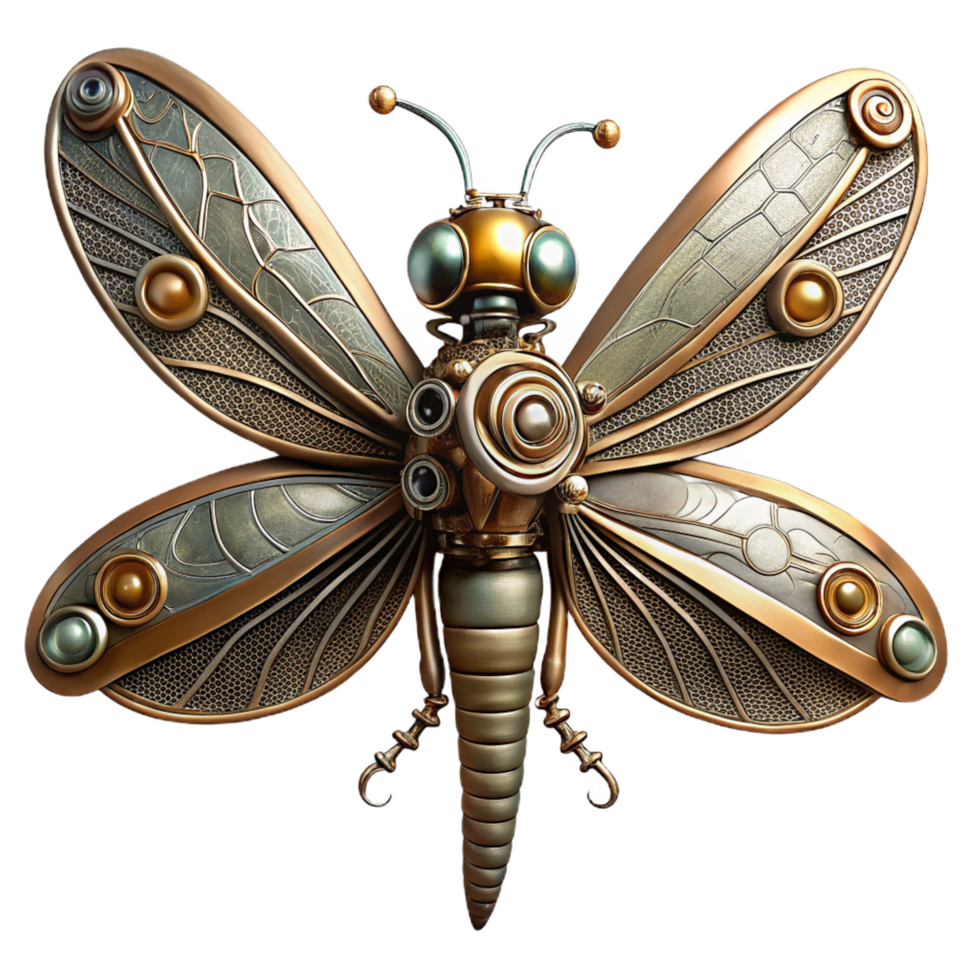 elegant dramatic mid century A steampunk dragonfly with delicate, filigree wings and tiny gears, soft, diffused lighting, art nouveau style high quality png