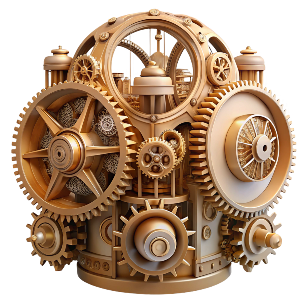 immaculate traditional An intricate clockwork city, gears and cogs visible, steampunk style, sepia tones, masterfully captured png